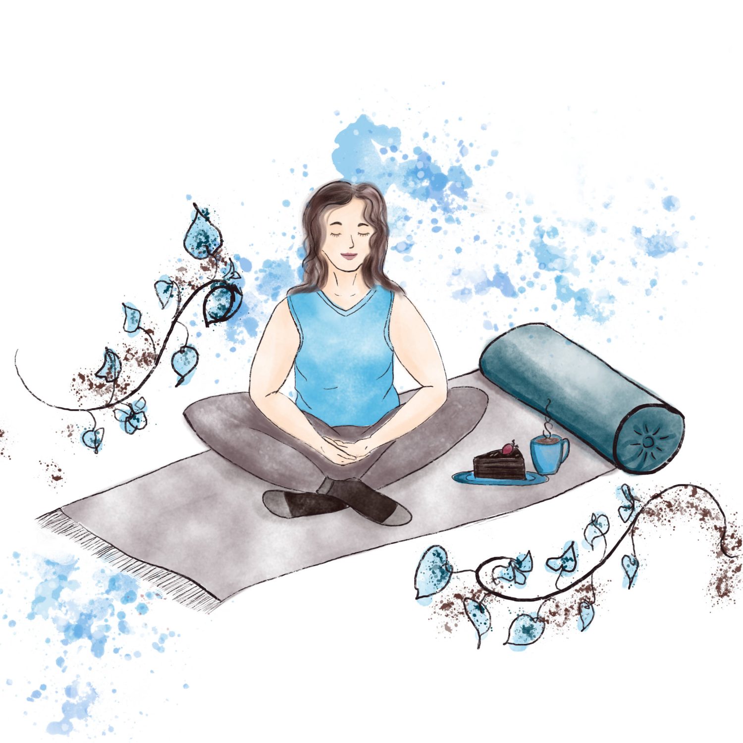 digital watercolour painting of a woman sitting on a yoga mat with tea and cake