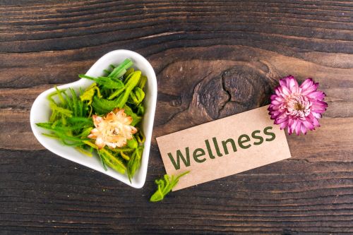 herbs and the word 'wellness'