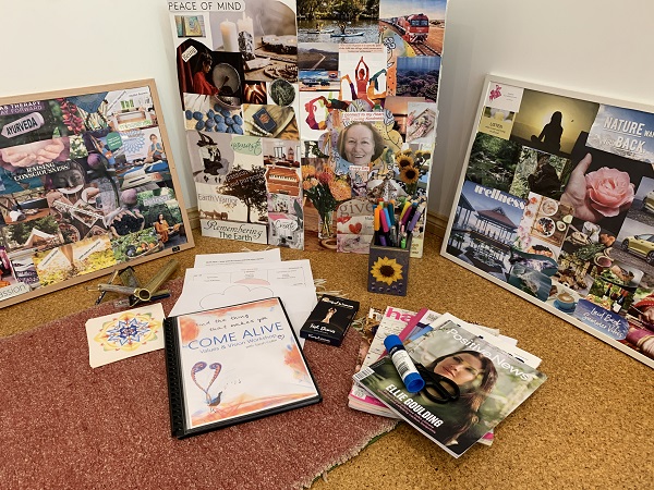 Photo of vision boards, yoga mat and collage equipment
